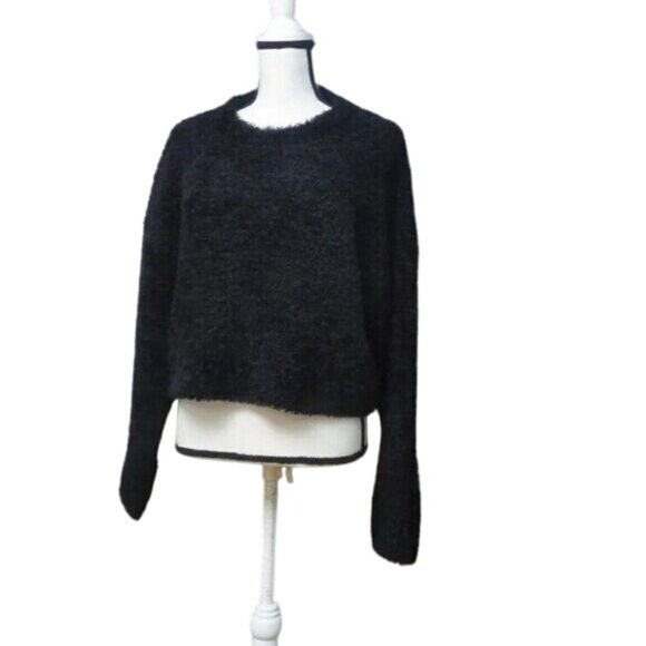 Halogen Boucle Cropped Teddy Bear Sweater, Black, L - Picture 8 of 9